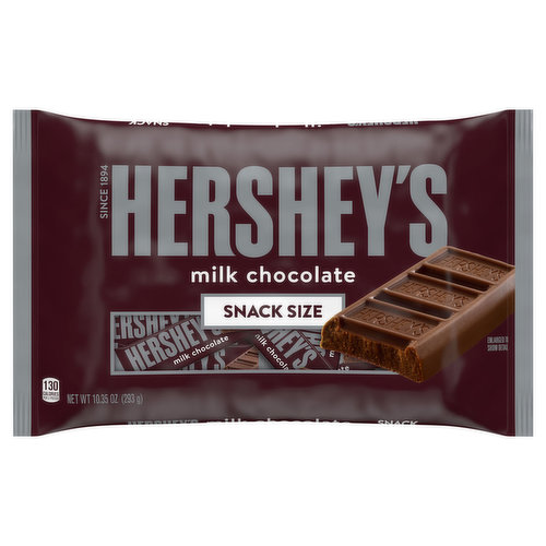 There's happy, and then there's HERSHEY'S Happy. Made of the delectable, creamy milk chocolate that's been a classic for decades, HERSHEY'S milk chocolate bars make life more delicious whether they're enjoyed alone or shared with loved ones. These snack-size candies are the perfect treat for countless special and everyday occasions. HERSHEY'S snack-size milk chocolate candy bars can be used to stuff Christmas stockings, Halloween trick-or-treat bags, Easter baskets and Valentine's Day party favors. Keep some on hand for guests and store a few in your pantry for convenient snacking when the mood strikes. Show up to movie night with a bag of HERSHEY'S bars to please the whole crowd and perfect the night's snack selection. You can even sweeten up your favorite baked desserts with these chocolates by topping cupcakes, brownies and cookies with a section or two. Everyone is excited when they're reaching for HERSHEY'S milk chocolate, and now you can be too!
