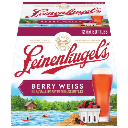 Experience the crisp, fruit-filled flavor of Leinenkugel's Berry Weiss Craft Beer, a medium-bodied weiss beer with natural berry flavors and blackberry juice and 4.7% ABV. This award-winning beer* is a perfect way to kick back and relax with friends and family all year round. A rich, berry aroma enhances a balanced, wheat-malt undertone with the fresh flavors of indigenous blackberries, elderberries and loganberries. Whether you're hosting a casual gathering or you're looking for a new beer flavor that's deliciously different, a 12-pack of Leinenkugel's Berry Weiss Craft Beer is a unique twist on the classic American weiss taste.
* Leinenkugel's Berry Weiss, Jacob Leinenkugel Brewing Co., a 2004 bronze-medal win and a 2007 gold-medal win in the Fruit and Vegetable Beer category at the Great American Beer Festival
Jacob Leinenkugel founded the Leinenkugel family brewery in 1867 with the hope of infusing his German family heritage into delicious, enjoyable beers. Today, the sixth generation of Leinenkugels continues to brew the same German-inspired recipes in a variety of tastes and flavors.