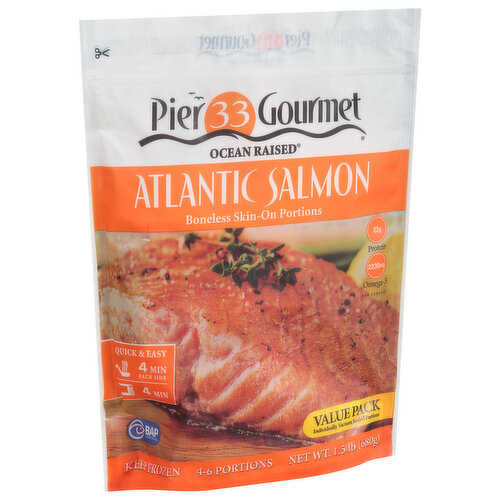 Pier 33 Gourmet Ocean Raised Atlantic Salmon, Boneless, Skin-On Portions, Value Pack