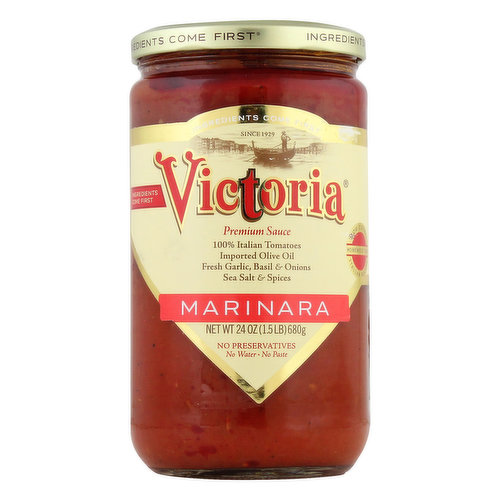 100% Italian tomatoes, imported olive oil, fresh garlic, basil & onions, sea salt & spices. Gluten free. Non GMO Project verified. Ingredients come first. Since 1929. No preservatives No water. No paste. How cooked. Homemade taste. Italian recipe. The Victoria Story: In 1929, an Italian family immigrated to Brooklyn, New York and started a business using fresh vegetables, all natural ingredients, and a slow cooking process - made the way would serve their own family. Over 85 years later, we continue with their approach, maintaining the philosophy that ingredients come first. victoriafinefoods.com.