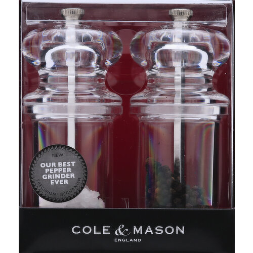 Pepper net weight 0.35 oz. Salt net weight 0.80 oz. England. New our best pepper grinder ever precision + mechnism. Established in England in 1919, Cole and Mason's world-renowned salt and pepper mills enhance your home and food. Incorporating our Precision System, these durable and high quality mills season consistently and professionally, with your choice of grind coarseness. Freshly milled, our finest peppercorns and natural coarse sea salt really bring out the taste in your food to give you real depth of flavour. Food safe. Mechanism lifetime guarantee. www.coleandmason.com. Tel: +44 1252 828055 E: cust.serv(at)dkbrands.co.uk. Made in China. Salt origin Belgium. Pepper origin Vietnam.