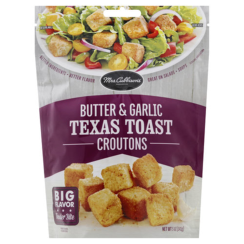 Better ingredients. Better flavor. Great on salads, soups. Big flavor. Tender bite. Made from authentic Texas toast bread, our Texas Toast Butter & Garlic Croutons give your salads the big taste and tender bite you'll love. Following Texas Toast Bread tradition, these croutons are cut extra-large guaranteed to satisfy appetites of all sizes. MrsCubbisons.com. For questions or comments please visit MrsCubbisons.com. Resealable.