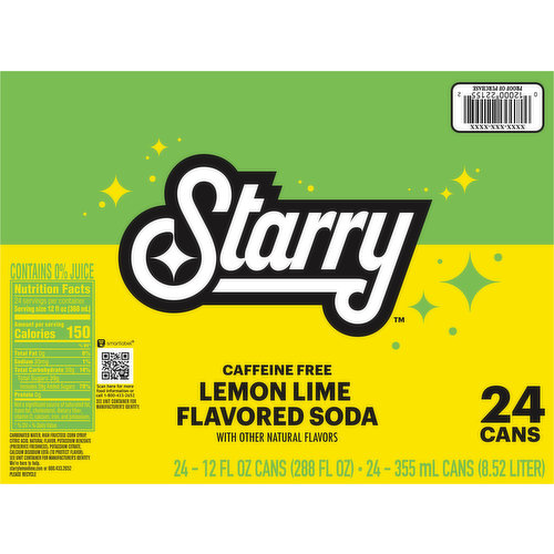 Starry Lemon Lime, Flavored Soda, 12 Fl Oz Cans, 24 Pack