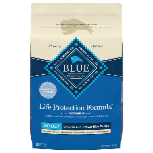 Formulated for the health and well-being of dogs, BLUE Life Protection Formula Dry Dog Food is made with the finest natural ingredients enhanced with vitamins and minerals. It contains the ingredients you’ll love feeding as much as they’ll love eating.
BLUE Life Protection Formula dog food is a product of the Blue Buffalo company. Based in the United States, Blue Buffalo makes premium-quality pet foods featuring real meat, fruit and vegetables.