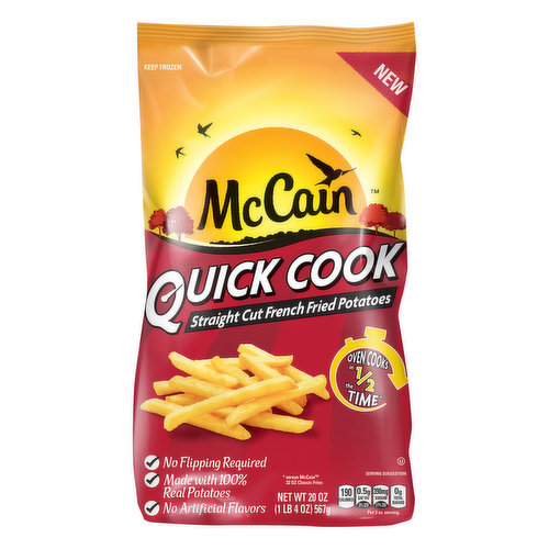 Made with 100% real potatoes. No artificial flavors. Per 3 oz Serving: 190 calories; 0.5 g sat fat (3%DV); 390 mg sodium (17%DV); 0 g total sugars. New. No flipping required. Quick Cook Fries are quality potatoes that oven cook in half the time of Traditional McCain Classic Fries! No flip required! We cook them longer so you can spend less time baking and more time sharing food and memories with friends and family. McCain Quick Cook Fries make a perfect side dish or afternoon snack try a bag today! McCain potatoes are made with no artificial flavors. That means potato goodness your family will love and you'll be proud to serve. Our Guarantee: As a family owned company, McCain wants you and your family to be 100% satisfied with our products. That is why every McCain product carries a guarantee of quality. Please contact us with your comments and suggestions: McCain Foods USA, Inc. Consumer Affairs Dept. One Tower Lane, 11th Floor, Oakbrook Terrace, IL 60181. www.McCainpotatoes.com. Follow us on social media! Facebook: www.Facebook.com!McCainFoods. www.McCainpotatoes.com. Toll Free 1-877-804-6198 Mon. to Fri. 8AM to 4:30PM CST Product of USA.