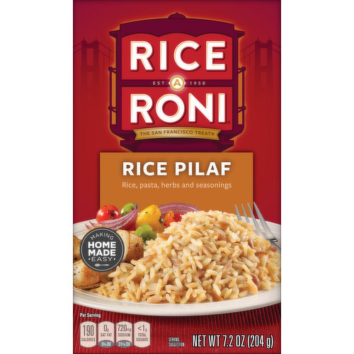 Rice, pasta, herbs and seasonings. Per Serving: 190 calories; 0 g sat fat (0% DV); 720 mg sodium (31% DV); less than 1 g total sugars. EST 1958. Making home made easy. The San Francisco treat. Package contains empty space to accommodate grain to seasoning ratio. This package is sold by weight, not by volume. Contents may settle during shipping and handling. Quality guarantee. ricearoni.com. SmartLabel: Scan for more food information. 1-800-421-2444 Call for more food information. We're here to help. ricearoni.com or 800-421-2444. Please have package available when calling. Find more ideas at ricearoni.com/recipes. Pasta Roni Angel Hair Pasta with Herbs. Try Pasta Roni for another easy homemade meal.