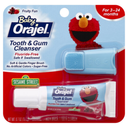 Contains 1 finger brush, 1 tooth cleanser. Helps Remove Plaque for Cleaner Teeth. Fluoride-free. Safe if swallowed. Soft & gentle finger brush. No artificial colors. Sugar-free. Pediatricians and pediatric dentists highly recommend that parents begin cleaning baby’s teeth and gums everyday at an early age. Baby Orajel Tooth & Gum Cleansers can help your baby get a great start to a lifetime of beautiful smiles. Sugars in formula, juice and other foods can build up a plaque-like film. Cleaning the teeth and gums at an early age helps develop healthy habits. Baby Orajel Tooth & Gum Cleanser gently cleans teeth and gums with a mild, fruity flavor your baby will enjoy, plus the non-abrasive formula is gluten-free, dairy-free and sodium lauryl sulfate-free for gentle cleaning. Also, it’s fluoride-free so it’s safe if swallowed when used as directed. For fun and learning go to www.sesamestreet.org. Questions or comments call us at 1-800-952-5080 M-F 9 am - 5 pm ET or visit our website at www.orajel.com. Finger brush is made in China.