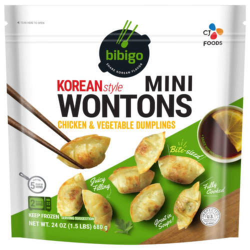 BIBIGO Chicken & Vegetable Mini Wontons are an effortless way to explore Korean style cuisine with convenient, easy to prepare mini wonton dumplings! Savory chicken flavored with soy sauce, garlic and pepper then blended with premium vegetables including cabbage, leek, tofu, onion, and green onion all packed into a thin wrapper so you get more bold flavor in every bite.
Share BIBIGO Mini Wonton dumplings as a uniquely different and flavorful appetizer with friends, or add them to your favorite soup or top your salad with them for a culinary twist. The convenience of our frozen dumplings makes it easy to make a savory, versatile, bold appetizer or part of a quick dinner whenever you crave Asian flavors.
When you taste your first juicy BIBIGO Mini Wonton dumpling, you will experience true Korean flavors that taste bold and are steeped in tradition. Fully cooked, easy to prepare and ready in 5 minutes when you pan fry. Whenever you need a unique appetizer or interesting dish to share with friends, BIBIGO Mini Wonton dumplings transport you to an authentic, Korean style snack experience you will want to explore!
Go somewhere new, go big, go bold, Go BIBIGO.