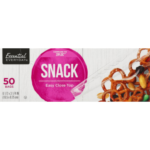 6-1/2 x 3-1/4 in (16.5 x 8.25 cm). Compare to Ziploc (Ziploc is a registered trademark of of S.C. Johnson Home Storage, Inc. This product is not manufactured or made under the authorization of S.C. Johnson Home Storage, Inc. or one of its subsidiaries.) Easy close top. Great products at a price you'll love - that's Essential Everyday. Our goal is to provide the products your family wants, at a substantial savings versus comparable brands. We're so confident that you'll love Essential Everyday, we stand behind our products with a 100% satisfaction guarantee. 100% Quality Guaranteed: Like it or let us make it right. That's our quality promise. essentialeveryday.com. Certified 100% recycled paperboard. BPA Free: Made of polyethylene. BPA has never been used to make polyethylene. Made in the USA of US and Canadian resin.