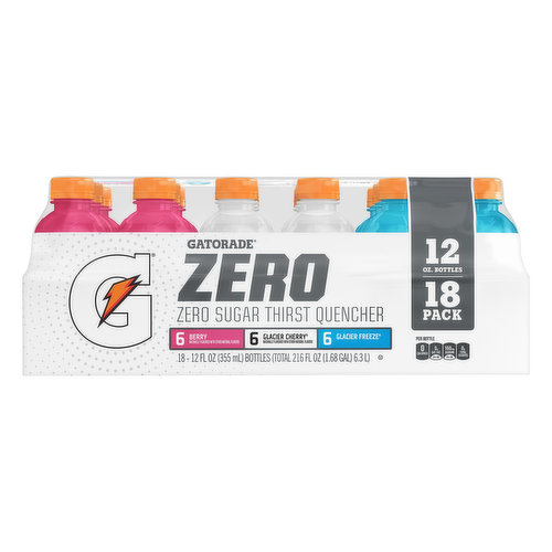 Gatorade Zero Thirst Quencher, Zero Sugar, Berry/Glacier Cherry/Glacier Freeze, 18 Pack