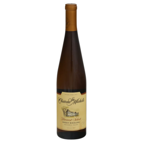 Harvest select. Established 1967. Vintage 2017. This flavorful Riesling is sourced from select sides in world-class vineyards of Columbia Valley, revealing the rich, fruity and unctuous side of Riesling. It's crafted to highlight fresh flavors and aromas of ripe peaches in mouthwatering style. Medium sweet. Discover more at ste-michelle.com. Alc 10.5% by vol. Cellared & Bottled by Cheateu Ste. Michelle Patterson & Woodinville, WA USA.