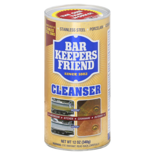 Works great on stainless steel sinks. Stainless steel. Ceramic. Copper. Brass. Fiberglass. Corian. Chrome. Aluminum. Bathroom. Kitchen. Cookware. Outdoor. Since 1882. Once tried, always used. Can opener friendly. Recommended by: All-Clad, Build.com, Calphalon, Cutco, Dacor, Electrolux, Elkay, Franke, Formica, General electric, Kohler. Tramontina, Viking, Volrath and many others. The one that works! www.barkeepersfriend.com. Follow us: Facebook; Twitter; Instagram; Pinterest; YouTube. To read BKF user reviews - Google us. Questions or comments? 1-800-433-5818. NSF: Nonfood compounds program listed (A1, A3 and A6). NSF Registration No. 145349.