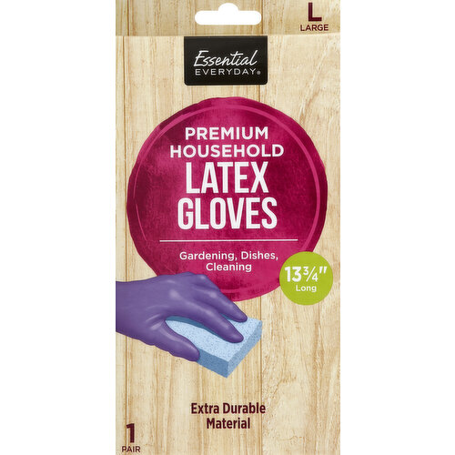 13-3/4 inch long. Gardening, dishes, cleaning. Extra durable material. Great products at a price you'll love - that's Essential Everyday. Our goal is to provide the products your family wants, at a substantial savings versus comparable brands. We're so confident that you'll love Essential Everyday, we stand behind our products with a 100% satisfaction guarantee. Essential Everyday Premium Household Latex Gloves provide extra protection from the harsh effects many chemical products may have on your hands. Features: raised diamond palm and fingers for a non-slip grip; soft and absorbent cotton flock lining; improved resistance to household cleansers, grease, detergents and bleach. 100% quality guaranteed. Like it or let us make it right. That's our quality promise. essentialeveryday.com. Made in Thailand.