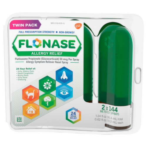 Unlike most allergy pills*, Flonase Allergy Relief Nasal Spray, 24 Hour Non Drowsy Allergy Medicine relieves sneezing, itchy, watery eyes and runny nose, plus nasal congestion. This allergy spray delivers powerful multi-symptom relief of your worst seasonal, year-round, indoor and outdoor allergies. Flonase nasal spray provides 24 hour all-in-one relief of allergy symptoms caused by allergens including pollen, mold, dust and pet dander. Flonase is the #1 doctor recommended brand† in allergy relief, and fluticasone propionate nasal spray is #1 prescribed allergy medicine.**
To use, shake the bottle gently, prime the bottle for use by pumping until a fine mist appears, then spray up to two sprays directly in your nose.
* vs. Single ingredient antihistamines which do not treat nasal congestion.
** Based on IMS Health Monthly TRx Allergy Market for 12-month period ending 2/28/18.
† Among OTC Allergy Medications based on most recent physician's survey dated 3/31/20.