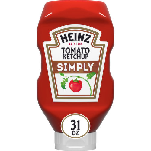Heinz Simply Tomato Ketchup is the thick & rich ketchup you love made with quality ingredients and no artificial sweeteners. This ketchup has no high-fructose corn syrup. Use it to create the perfect hot dog or hamburger, or pair it with chicken nuggets and fries for a delicious dipping sauce. Heinz Simply Tomato Ketchup is packed in a 31 ounce upside down ketchup squeeze bottle with a flip cap for clean and easy serving, making it the perfect ketchup for family picnics, barbecues, and camping trips. Whatever the occasion, you'll feel good serving your family Heinz Simply Tomato Ketchup.