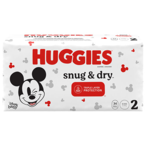Huggies Snug & Dry Baby Diapers give your baby up to 12 hours of long-lasting protection, day or night. Featuring Triple Layer Protection, Snug & Dry absorbs wetness in seconds and helps separate moisture from your baby's skin. Snug & Dry baby diapers have a soft, stretchy waistband for added comfort and a contoured shape for better leakage protection while your baby is sleeping, crawling and walking. They also come with a wetness indicator that changes from yellow to blue when your baby is ready for a diaper change. Snug & Dry disposable diapers are clinically proven to be hypoallergenic, as well as free of fragrances, lotions, parabens, elemental chlorine and natural rubber latex. Featuring fun Disney Mickey Mouse designs as cute as your baby, Snug & Dry Diapers are available in sizes Newborn (up to 10 lbs), 1 (8-14 lbs), 2 (12-18 lbs), 3 (16-28 lbs), 4 (22-37 lbs), 5 (27+ lbs) and 6 (35+ lbs). Join Huggies Rewards+ powered by Fetch to get rewarded. Earn points on Huggies diapers and wipes, in addition to thousands of other products to redeem for hundreds of gift cards. Download the Fetch Rewards app to get started today! (*sizes 3-6)