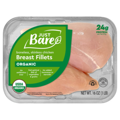 Just Bare Chicken Breast Fillets, Organic, Boneless, Skinless