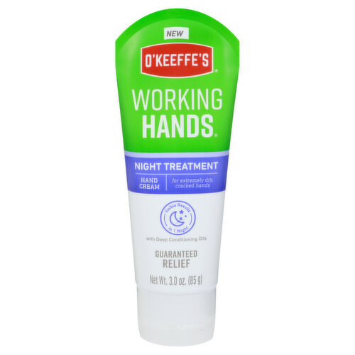 New. For extremely dry, cracked hands. Visible results in 1 night. With deep conditioning oils. Guaranteed relief. Working Hands Night Treatment is a calming yet intense, restorative hand cream, guaranteed to relieve extremely dry, cracked hands while you sleep. Visible results in as little as one night. A small dab goes a long way. Works while you sleep. Hypoallergenic. Dermatologist tested. Non-greasy. Safe for diabetics' skin. Guarantee: If you're not fully satisfied, we'll refund 100% of the purchase price. Simply return the unused portion and your receipt to: O'Keeffe's Company. www.OKeeffesCompany.com. Questions/Comments: 1-800-275-2718. Made in USA with domestic and imported materials.
