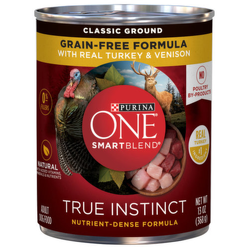 Feed your dog's natural instincts to choose nutrient-dense foods when you serve Purina ONE SmartBlend True Instinct Natural Classic Ground With Real Turkey and Venison adult wet dog food. Real poultry is the number 1 ingredient in this canned dog food, along with real venison and other high-quality ingredients, including natural sources of glucosamine to help support healthy joints. The tender, meaty texture gives him something he can happily sink his teeth into, and the grain-free formula lets you feel good about the foods you put into his bowl. We formulate this grain-free dog food without artificial colors, flavors or preservatives. No poultry by-products and 0 percent fillers means that each high-quality ingredient serves a purpose. Give your canine companion lifelong smart nutrition along with the taste he craves when you fill his bowl with this delectable Purina ONE SmartBlend True Instinct recipe.