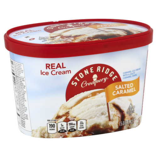 Caramel ice cream with a salty caramel swirl. Real ice cream. Per 2/3 Cup: 190 calories; 5 g sat fat (25% DV); 190 mg sodium (8% DV); 22 g total sugars. Real. At Stone Ridge Creamery we love making and eating ice cream. It's our passion. We use only the best ingredients, and don't take any shortcuts. Each and every batch is slow-churned to creamy, delicious perfection. Maybe that's why our premium ice cream tastes so good. Whichever flavor you choose, there's a smile in every scoop. 100% Quality Guaranteed: Like it or let us make it right. That’s our quality promise. 877-932-7948. supervaluprivatebrands.com.