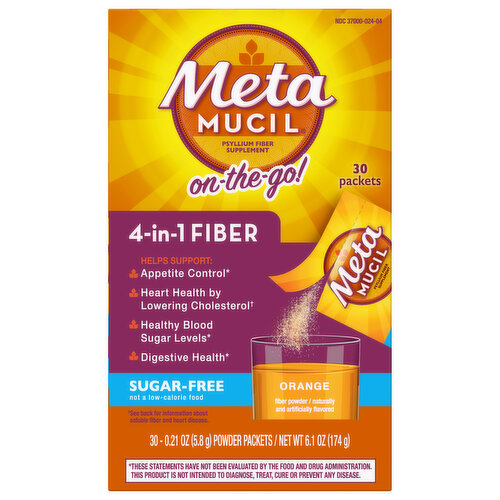 Metamucil Psyllium Fiber Supplement, 4-in-1 Fiber, Powder Packets, Orange