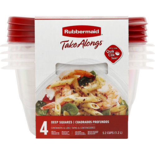 5.2 cups (1.2 l). With Quik Clik Seal! Dishwasher safe. Microwave safe. Freezer safe. Ridge lid for secure stacking. Lid clicks to container for a tight seal. Handy measuring marks. www.rubbermaid.com. 100% recycled paperboard. BPA free. Recyclable base. Made in the U.S.A.