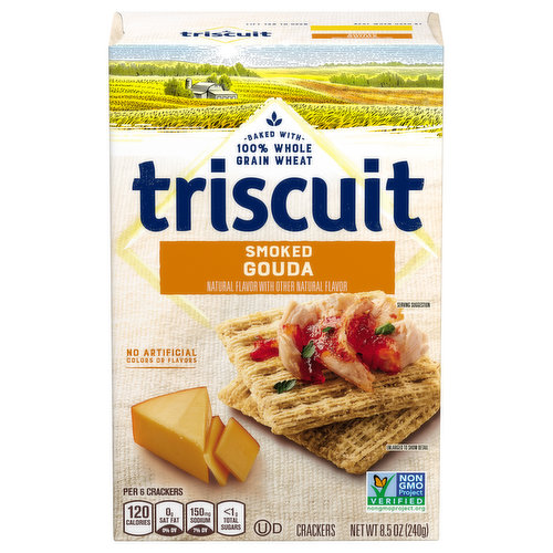 Natural flavor with other natural flavor. No artificial colors or flavors. Per 6 Crackers: 120 calories; 0 g sat fat (0% DV); 150 mg sodium (7% DV); less than 1 g total sugars. 100% Whole Grain: 23 g or more per serving. Eat 48 g or more of whole grains daily. WholeGrainsCouncil.org. Baked with 100% whole grain wheat. 23 g whole grain per 28 g serving. Nutritionists recommend eating 48 g or more of whole grains throughout the day. Non-GMO Project verified. nongmoproject.org. Baked with 100% whole grain wheat. Grown with care. Our white winter wheat starts its journey in the thumb of Michigan, where generations of family farmers grow and harvest the wheat with care and consideration, making it primed for the Triscuit crackers you love. Made Simply: Cook the wheat. Shred and weave the wheat together. Bake to golden perfection. This package is sold by weight, not by volume. If it does appear full when opened. It is because contents have settled during shipping and handling. www.triscuit.com. SmartLabel. For recipe ideas and more visit: www.triscuit.com. Visit us at: triscuit.com or call weekdays: 1-800-622-4726 please have package available. Keep it Going: 100% recycled paperboard. Please recycle this carton. Minimum 35% post-consumer content. Grown with Care

Our white winter wheat starts its journey in the thumb of Michigan, where generations of family farmers grow and harvest the wheat with care and consideration, making it primed for the Triscuit crackers you love.