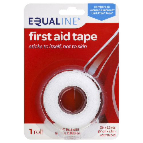 2 in x 2.3 yds (5.1 cm x 2.1 m) unstretched. Sticks to itself, not to skin. Not made with natural rubber latex. Compare to Johnson & Johnson Hurt-Free Tape (This product is not manufactured by Johnson & Johnson Corp., owner of the registered trademark Hurt-Free). Easy and Gentle Removal: First Aid Tape is specially designed to secure the dressing to the wound and allow for gentle removal. Unlike regular tapes, this product sticks to itself rather than your skin or hair. Greater Flexibility and Comfort: First Aid Tape provides greater flexibility than ordinary tapes because it is made of a soft elastic material that easily contours to hard-to-tape areas. Hand Tearable and Breathable: First Aid Tape is a special fabric-based material designed to be breathable and can also be torn by hand. Like it or let us make it right. That's our quality promise. supervaluprivatebrands.com. For medical emergencies, please seek professional help. In case of burns, deep or puncture wounds, consult a physician. Please recycle. Made in China.