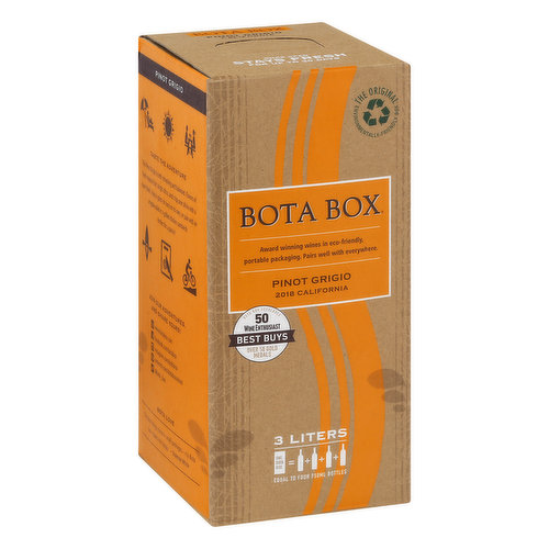 One Bota Box = Equal to four 750 ml bottles. Taste the adventure. This Pinot Grigio is both refreshing and balanced. Flavors of fresh tropical fruit, bright citrus, and crisp pear shine with a clean finish. Enjoy a glass (or two) on its own, or pair with an arugula salad or a grilled chicken sandwich. Perfect for a picnic! Bota Love: The best things come in small packages - my Bota box makes me happy. - Shannon White. The Perfect Wine for your Next Adventure: At Bota, we look at life as one big adventure, and we know you do too. Our wines are made to go anywhere and fit every occasion, whether it's an epic journey or relaxing in your own living room. Thank you for including Bota as you drink in all that life has to offer - Cheers! Its all about consistent great taste. We work hard to make sure Bota offers great tasting, quality wines every vintage. Our varied selection of wines means that whether you're poolside, tableside or mountainside, we have a Bota that pairs with your lifestyle. Take us anywhere. Thanks to our compact, portable, shatter-proof box, you can enjoy premium wine anytime, anyplace. When at home, store Bota Box on your countertop or refrigerator (even the small ones!). Sustainability. Quality. Family.  www.botabox.com. Join our adventures, and share yours! www.botabox.com. facebook.com/botabox. instagram.com/botabox. pinterest.com/botaboxwines. (at)bota_box. Bota Box Accolades. 50 Wine Enthusiast. Best buys. Over 50 gold medals. Our wine stays fresh. Our innovative bag-in-box technology helps our wines last more than a month after opening. Wine's enemies - light and air - are kept out, keeping the wine fresh and true to the flavors our winemakers intended. Award winning wines in eco-friendly portable packaging. Pairs well with everywhere. The original environmentally-friendly box. We are committed to bringing you an eco-friendly package. Our carton is 100% recyclable and features FSC certified stock, printed with VOC-free inks on Kraft unbleached recycled paper containing more than 95% post-consumer fiber. Inside, the wine bag is BPA-free; both the bag and the spout are Category 7 recyclables. FSC: Recycled - Packaging made from recycled material. www.fsc.org. This box is 100% recyclable - Please recycle. Alc 12.0% by vol.