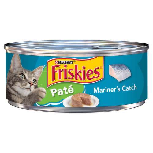 Calorie Content (calculated)(ME): 1138 kcal/kg, 177 kcal/can. Friskies Pate Mariner’s Catch is formulated to meet the nutritional levels established by the AAFCO Cat Food Nutrient Profiles for growth of kittens and maintenance of adult cats. 100% complete & balanced nutrition for adult cats & kittens. Purina.com.  Please recycle. Printed in USA.