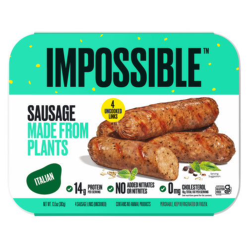 No added nitrates or nitrites. Mmmm - sausage. Italian Sausage lovers, this one's for you. Deliciously seasoned to enjoy as is or served with your favorite pasta dish. If they ask - tell 'em it's fatto di piante (made from plants). Every time you eat impossible sausage made from plants (instead of sausage from a pig) you are using: 79% less water. 71% less greenhouse gas emissions. 41% less land. Contains no animal products.