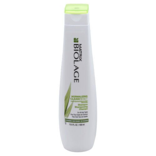 No parabens. Biomatch: Like the lemongrass plant that always seems to stay clean, CleanReset Normalizing Shampoo deeply cleanses without drying the hair. Formulated with lemongrass extract to leave hair fresh and clean. www.matrix.com. Made in USA.