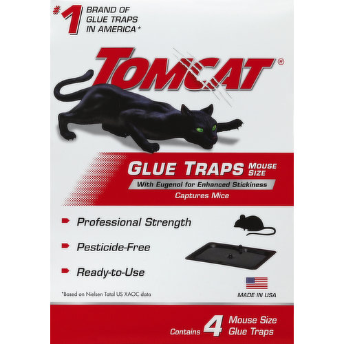 With eugenol for enhanced stickiness. Captures mice. No. 1 brand of glue traps in America (Based on Nielsen total US XAOC data). Professional strength. Pesticide-free. Ready-to-use. Tomcat Glue Traps represents the very latest in glue trap technology. Our glue formulation has the ideal combination of immediate grip and stretchable hold. Can be used for: mice; cockroaches; spiders; scorpions - and most other insect pests. Questions or comments? Call 1-877-332-0755. www.tomcat.com. Tomcat Glue Traps work without poison or mechanical apparatus. Glue traps take advantage of the rodent's natural tendency to run along walls. When the rodent runs onto the tray, they get stuck. Simply dispose of the entire glue trap. Made in USA.