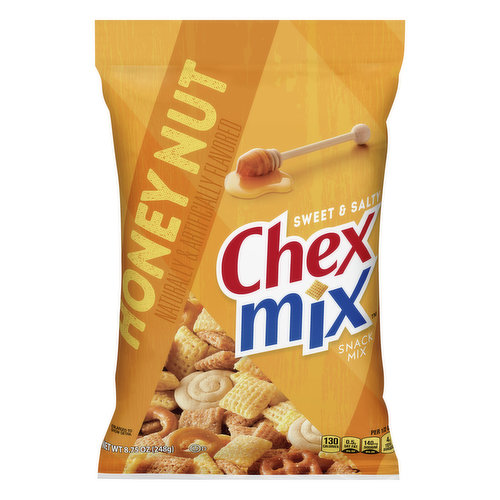 Naturally & artificially flavored. Per 1/2 Cup: 130 calories; 0.5 g sat fat (3% DV); 140 mg sodium (6% DV); 4 g total sugars. 60% Less fat than regular potato chips (Chex Mix sweet 'n salty honey nut (3.5 g fat per 30 g serving) has 60% less fat than regular potato chips (10 g fat per 30 g serving)). Contains bioengineered food ingredients. Learn more at ask.generalmills.com. Just the right mix! Corn Chex; Round Pretzel; Vanilla Cookie; Wheat Chex; Square Pretzel; Vanilla Breadstick. Mix it up! May have settled some on its way to you. btfe.com. ask.generalmills.com. www.generalmills.com. how2recycle.info. Facebook. Instagram. Twitter. Box Tops for Education: No more clipping. Scan your receipt. See how at btfe.com. Carbohydrate Choices: 1-1/2.