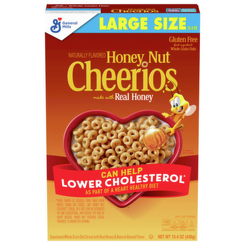 With the delicious flavor of golden honey, General Mills Honey Nut Cheerios Heart Healthy Cereal makes your family’s breakfast hour that much sweeter. America’s favorite toasted honey Os are made with whole grain oats as the first ingredient. A drizzle of real honey and natural almond flavor creates un-bee-lievably delicious taste in every bowlful. Every serving provides 12 essential vitamins and minerals, and each little O is made simply with no artificial flavors or colors. Pour a bowlful of this heart healthy cereal for breakfast or put the box on the family table for everyone to enjoy. This breakfast cereal is an instant hit with kids and grown-ups alike. The little toasted Os also make great snacks for toddlers to practice feeding themselves. The gluten-free toasted oat cereal contains no high fructose corn syrup and is a good source of iron and calcium. Honey Nut Cheerios can help lower cholesterol as part of a heart healthy diet. Three grams of soluble fiber daily from whole grain oat foods in a diet low in saturated fat and cholesterol may reduce the risk of heart disease. Honey Nut Cheerios cereal provides 0.75 grams per serving. Store this 15.4-ounce box in your pantry for a quick kids breakfast or heart healthy snacks. This cereal box is an official participating Box Tops product, helping support schools and teachers. Whether you’re looking for delicious snacks, cereal bars, trail mix ingredients or a breakfast food for the whole family, General Mills cereals spread goodness from tots to grown-ups.