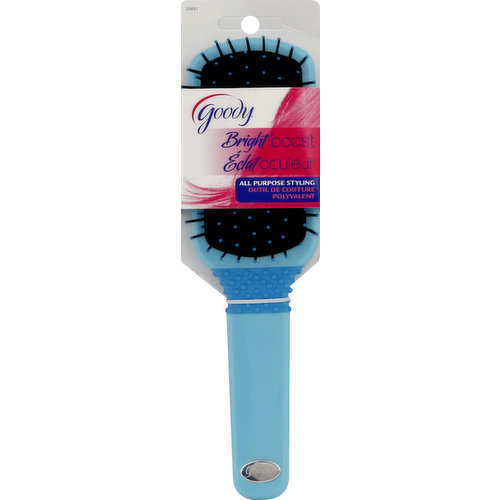 Goody Bright Boost brushes are perfect for the fun vibrant woman who enjoys a little color in her life. These fabulous brushes provide limitless hairstyling possibilities and feature easy-hold grips for added comfort. Easy hold grip. Ball tipped bristles. Visit goody.com for new products and styling tips. goody.com. A Newell Rubbermaid company. Made in China.