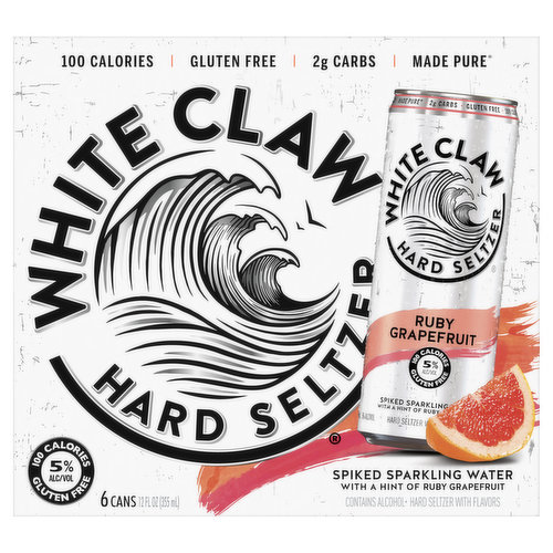 White Claw Hard Seltzer, Spiked, Ruby Grapefruit, 6 Pack