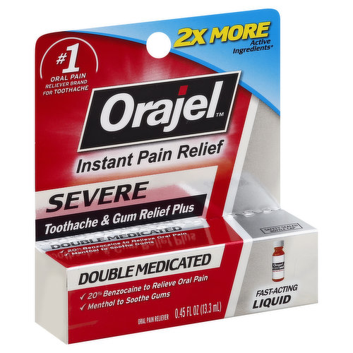 Other Information: Do not use if imprinted bottle seal is broken or missing prior to opening. Do not use continuously.  Misc: Oral pain reliever. Instant pain relief. Double medicated. 20% benzocaine to relieve oral pain. Menthol to soothe gums. 2x more active ingredients (vs. single medicated oral pain products). No. 1 oral pain reliever brand for toothache. Safety sealed bottle cap. Questions or comments? Call us at 1-800-952-5080 M-F 9 am-5 pm ET or visit our website at www.orajel.com. The makers or Orajel do not manufacture store brand oral pain products.