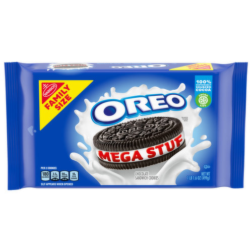 OREO Mega Stuf Chocolate Sandwich Cookies are for those who like even more creme in their OREO cookies. Stuffed with 3 times more creme than the original, these chocolate sandwich cookies are supremely dunkable. Family size OREO Mega Stuf cookies are great for sharing with friends, serving at parties, or enjoying with cold milk. They also make great sweet snacks for enjoying with lunch at home, school or work. The resealable packages with easy-pull tab keeps chocolate cookies fresh and are perfect for snacking, sharing, or traveling. Grab a pack of OREO Mega Stuff Chocolate Sandwich Cookies so you're stocked for your next snacking occasion. Cocoa Life: 100% Sustainably Sourced Cocoa; OREO partners with Cocoa Life to help support sustainable cocoa sourcing. Cocoa life works together with farmers to grow cocoa in ways that help protect people and the planet. For more information visit the Cocoa Life website.