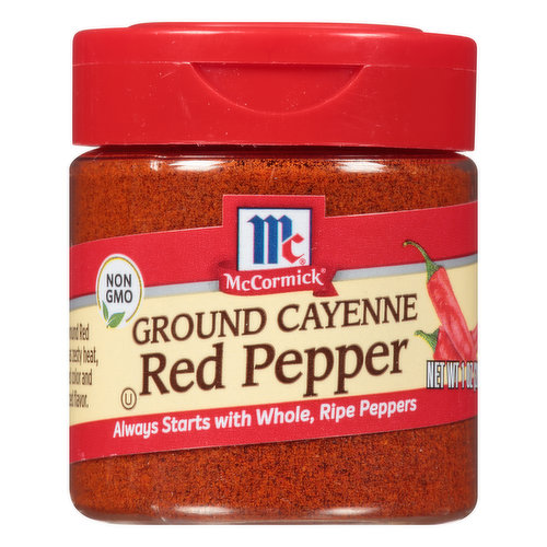 Non GMO. Always starts with whole, ripe peppers. Our Ground red Pepper has zesty heat, vivid read color and balanced flavor. Flavor maker get app. mccormick.com. Questions? Call 1-800-632-5847. For recipes, visit mccormick.com. Packed in USA.