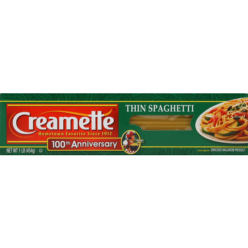 Enriched macaroni product. Hometown favorite since 1912. 100th anniversary. We have been trusted for generations to ensure that only the finest quality ingredients make it from the field to your family's table. Today, our special flour blend ensures that Creamette pasta is always firm; never sticky; simply delicious. We guarantee it! A low fat, sodium free, cholesterol free food. Simply perfect pasta. For 100th anniversary news and recipes visit www.creamette.com. Product of the United States of America.