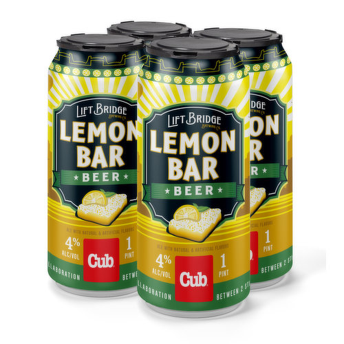 Inspired by Cub's famous Lemon Bars, this light-bodied Kolsch has natural lemon flavor that makes it the perfect zingy summer beer. Created in partnership with Lift Bridge Brewing Co., you’ll only be able to find it at Cub.
Sold in four 16oz cans.