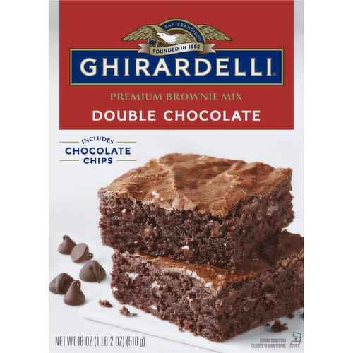 GHIRARDELLI Double Chocolate Brownie Mix pairs GHIRARDELLI chocolate chips and rich cocoa to create the perfect easy-to-prepare dessert. The luxuriously deep flavor and smooth texture of GHIRARDELLI premium chocolate is the secret to our mouthwatering premium mixes. Each order contains one 18-ounce box.