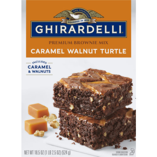 A generous amount of real walnuts and a mouthwatering caramel topping transform a timeless classic into a luxuriously rich treat. Our Caramel Walnut Turtle Brownie Mix brings the indulgence and craftsmanship of GHIRARDELLI into your kitchen, allowing you to create the intense chocolate flavor and utter decadence of GHIRARDELLI. Each order of our new and improved premium mix contains 18.5-ounce box.