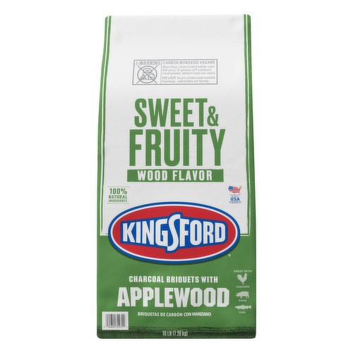 Sweet & fruit wood flavor. 100% natural ingredients. Great with: chicken; pork; fish. kingsford.com. how2recycle.info. For detailed instructions and more recipes: visit kingsford.com/recipes. Questions or comments? Visit us on the web at kingsford.com or call 1-800-232-4745. Explore more flavor pair with your favorite meat, seafood or vegetables. Bold & Smoky Wood Flavor Signature Mesquite; Savory & Smoky Wood Flavor Classic Hickory; Balanced & Nutty Wood Flavor Pecan; Sweet & Fruity Wood Flavor Applewood; Light & Fruity Wood Flavor Cherry Wood. Made in the USA with North American ingredients. Made in U.S.A. of global ingredients.