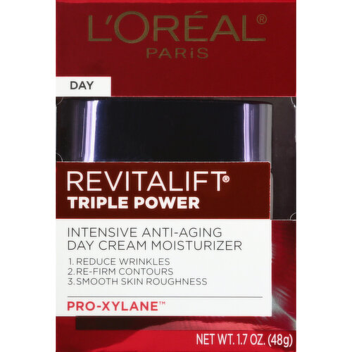 Intensive anti-aging day cream moisturizer. 1. Reduce wrinkles. 2. Re-firm contours. 3. Smooth skin roughness. Pro-xylane. Why is this product right for me? As skin ages, it loses its ability to efficiently reduce visible signs of aging. As skin loses firmness and its capacity to retain moisture, wrinkles and rough texture become even more pronounced. Skin on the face, neck and jawline begin to show age. The Innovation: Revitalift Triple Power Intensive Anti-Aging Moisturizer helps transform the look of aging by infusing a moisturizing cream with concentrated anti-aging ingredients: Pro-Xylane: A powerful anti-aging ingredient derived from Beech Tree Extract. Hyaluronic Acid: a naturally occurring skin hydrator that holds water 1000x its weight. For intensive tripe action anti-aging skincare: 1. Visibly reduce wrinkles. 2. Re-firm contours. 3. Smooth skin roughness. See Visible Results: Immediately: Skin deeply hydrated all day. Complexion is more radiant. In 1 Week: Wrinkles are visibly reduced. Skin feels firmer, appearing more lifted. Skin looks younger and rough texture is noticeably smoothed. Skin's overall appearance is significantly improved. Dermatologist tested for safety. Suitable for all skin types, even sensitive. Unique Texture: This light-weight yet intensely moisturizing cream absorbs quickly and leaves skin feeling velvety soft. Because you're worth it. www.lorealparis.com. Questions, comments or for personalized skincare advice: 1-800-322-2036; www.lorealparis.com. Made in USA of US and/or imported ingredients.