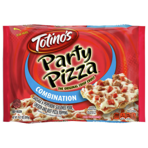 With cheesy, tomatoe-y goodness and just the right sprinkling of all your favorite meats, Totino's Combination Party Pizza is your go-to frozen pizza to make easy weeknight dinners or after-school snacks a breeze. This frozen pizza snack is made with a mix of pepperoni-flavored chicken, pork, and beef on a flaky and crispy thin crust that hits the spot every time. And it even fits in your toaster oven! Totino's Party Pizzas are your favorite classic, affordable, "to share or not to share?" frozen pizzas.