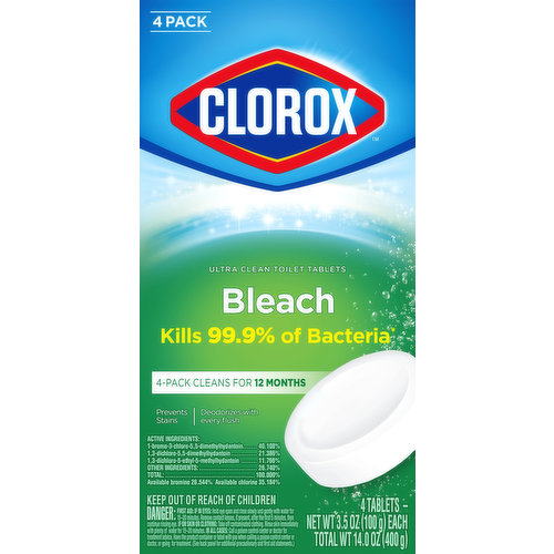 Kills 99.9% of bacteria (Streptococcus faecalis (Strep), Salmonella enterica (Salmonella), Staphylococcus aureus (Staph), Escherichia coli (E. coli)). 4-Pack cleans for 12 months. Prevents stains. Deodorizes with every flush. Repels tough stains: hard water, mineral and limescale. Product contains no phosphorus. www.clorox.com. www.smartlabel.org. how2recycle.info. Questions or Comments? Please call 1-800-227-1860 or write us at: Clorox Consumer Services, PO Box 24305, Oakland, CA 94612. For more product ingredient information, visit www.smartlabel.org. Also Try: Clorox toilet bowl cleaner clinging bleach gel. Environmental Commitment: Box made from 100% recycled paperboard (minimum 35% post-consumer). Environmental commitment: Box made from 100% recycled paperboard (minimum 35% post-consumer). Made in USA of global components.