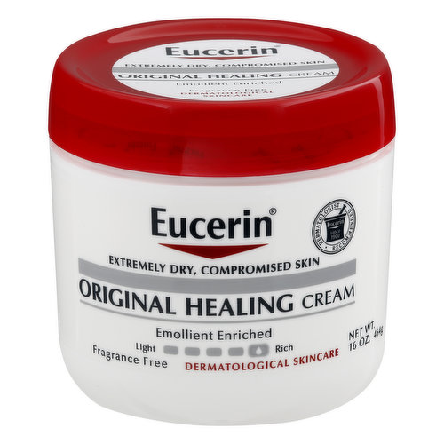 Extremely dry, compromised skin. Emollient enriched. Rich. Fragrance free. Dermatological skincare. Dermatologist recommended. Eucerin since 1900. Eucerin, with over 100 years of skin science innovation, offers a complete range of clinically proven solutions for specific skin needs, backed by an uncompromising commitment to quality. That's why Eucerin recommended by Dermatologists worldwide. Eucerin Original Healing Cream - a long lasting rich for formula that helps heal very dry, compromised skin. Emollient enriched; leaves a soothing layer on skin to lock in moisture. Moisturizes to protect and help heal very dry, compromised skin. Won't clog pores. Dermatologist recommended brand. Drivers long-lasting hydration. Fragrance, dye and paraben-free. Questions? Comments? 1-800-227-4703. Learn more at www.EucerinUS.com. Made in Mexico.