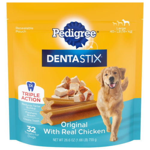 Pedigree Denta Stix Treats for Dogs, Original with Real Chicken, Triple Action, Large (40+ LB)